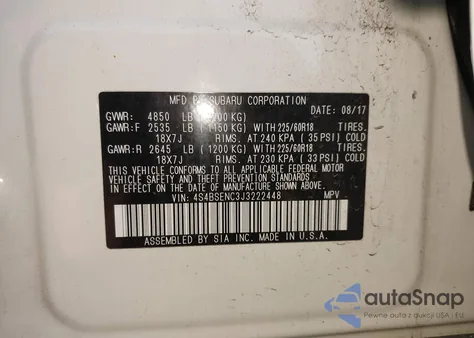 2018 Subaru Outback 3.6R Limited z USA, uszkodzony, nr VIN 4S4BSENC3J3222448